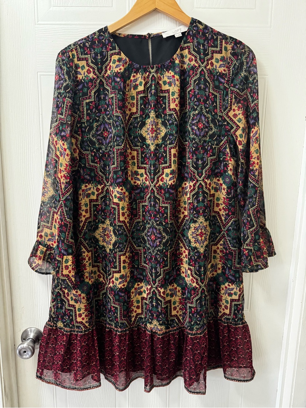 LOFT Black Floral Geometric Tiered Shift Dress with Burgundy Hem